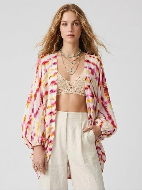 Anthropologie Pink Yellow Tie Dye Kimono Boho Festival Vacation Top OS - Picture 2 of 12